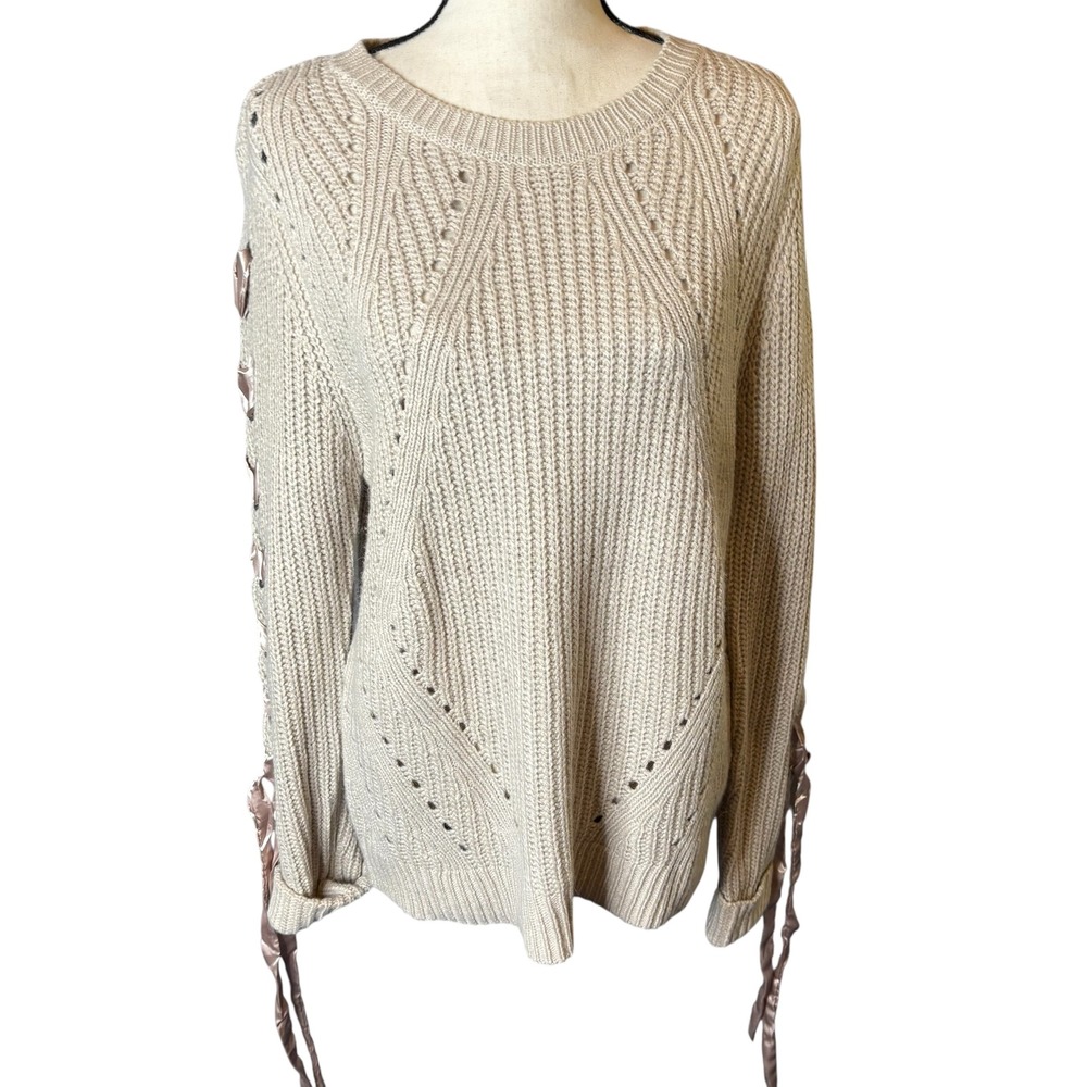 K. Jordan XL Beige Lace-Up Sleeve Knit Sweater Pullover Women's